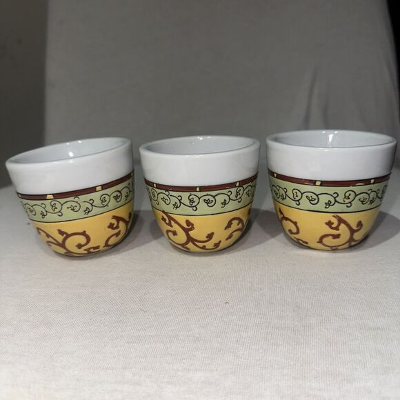 PIER 1 Teapot Cup Set And 3 Piece Cup Set Yellow Burgundy Green Ceramic EUC - Picture 3 of 8